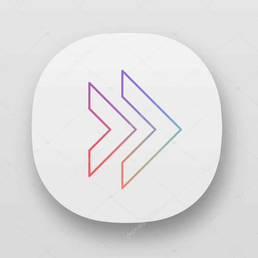 Double arrow app icon. Rewinding button. Navigation pointer. Next, forward arrow pointing rightward. Indicating cursor. UI/UX user interface. Web or mobile applications. Vector isolated illustrations