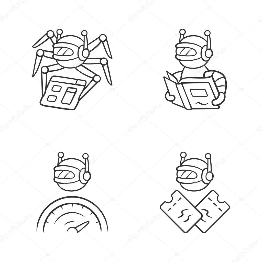 Internet bots linear icons set. Crawler, optimizer, scalper robot. Artificial intelligence. AI. Software app. Thin line contour symbols. Isolated vector outline illustrations. Editable stroke