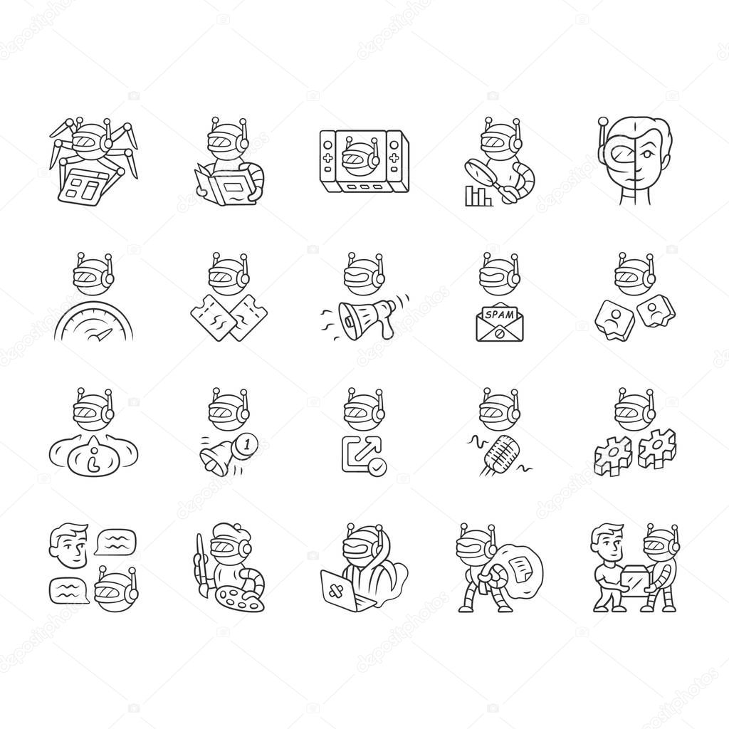 Bot types linear icons set. Crawler, hacker, spambot, scraper robot. Artificial intelligence, ai. Virtual reality. Thin line contour symbols. Isolated vector outline illustrations. Editable stroke