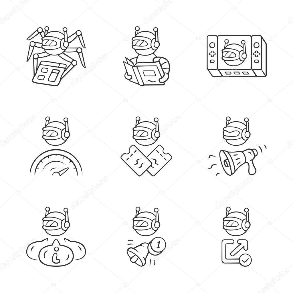 Web robots linear icons set. Crawler, text-reading, propaganda, proactive, optimizer bots. Artificial intelligence. Thin line contour symbols. Isolated vector outline illustrations. Editable stroke