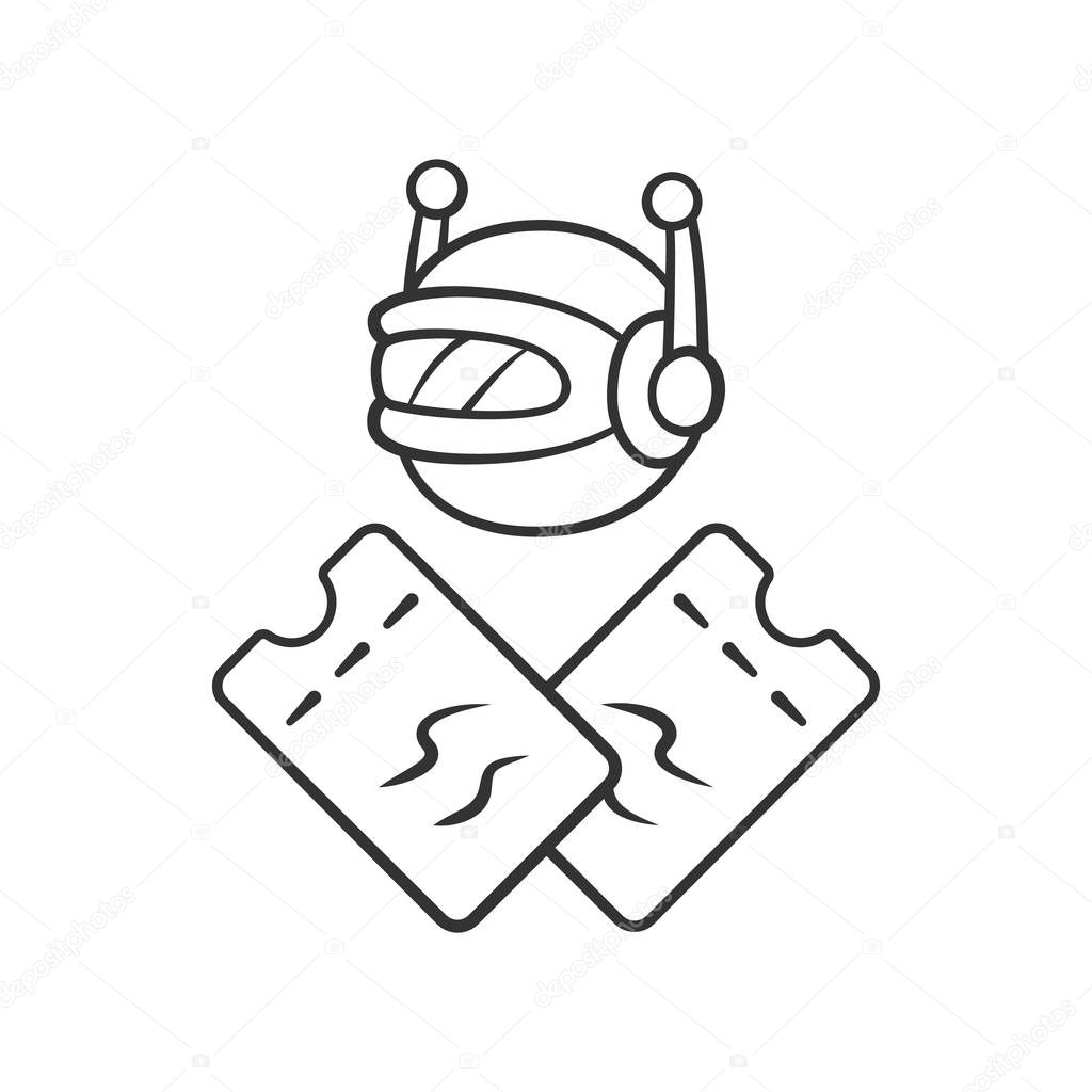 Scalper bot linear icon. Tickets wholesale buying scalping bot. Online bulk purchases. Artificial intelligence. Thin line illustration. Contour symbol. Vector isolated outline drawing. Editable stroke