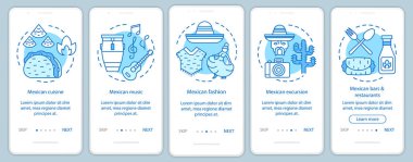 Doğrusal kavramlar ile mobil uygulama sayfası ekranında Meksika kültürü. Meksika turist seyahat adımları grafik talimatları. Ux, Ui, Gui vektör şablonu çizimleri ile