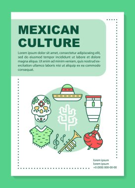 Meksika kültür broşürü şablon düzeni. Meksika tatili. El ilanı, kitapçık, doğrusal illüstrasyonlar ile broşür baskı tasarımı. Dergiler için vektör sayfa düzenleri, yıllık raporlar, reklam afişleri