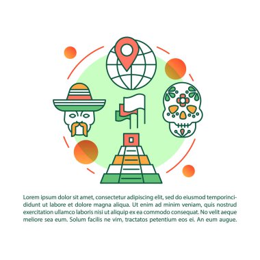 Meksika kültür makale sayfası vektör şablonu. Meksika'nın gözde mekanları. Doğrusal simgeler ve metin kutuları ile broşür, dergi, kitapçık tasarım elemanı. Baskı tasarımı. Metin alanı ile kavram çizimleri