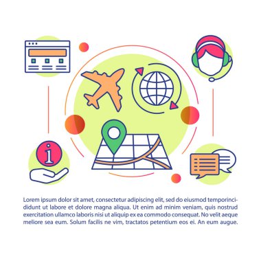 Seyahat acentesi makale sayfası vektör şablonu. Turizm şirketi işi. Doğrusal simgeler ve metin kutuları ile broşür, dergi, kitapçık tasarım elemanı. Baskı tasarımı. Metin alanı ile kavram çizimleri