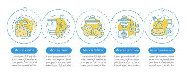 Meksika kültür vektör infografik şablonu. İş sunumu tasarım öğeleri. Beş adım ve seçenekle veri görselleştirme. İşlem zaman çizelgesi grafiği. Doğrusal simgelerle iş akışı düzeni