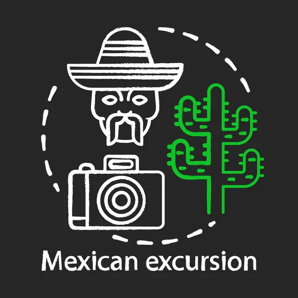 Icono concepto tiza excursión mexicana. Desierto sudamericano. Tour por México. Cámara, cabeza de hombre en sombrero, idea de cactus saguaro. Ilustración de pizarra aislada vectorial — Vector de stock