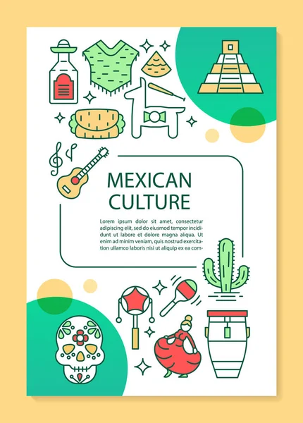 Мексиканская культурная брошюра шаблон макет. Поездка в Мексику. Флаер, буклет, дизайн листовки с линейными иллюстрациями. Векторные макеты страниц журналов, годовых отчетов, рекламных плакатов — стоковый вектор
