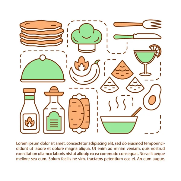 Cocina mexicana artículo página vector plantilla. Servicio de catering. Folleto, revista, elemento de diseño del folleto con iconos lineales y cuadros de texto. Diseño de impresión. Ilustraciones conceptuales con espacio de texto — Vector de stock