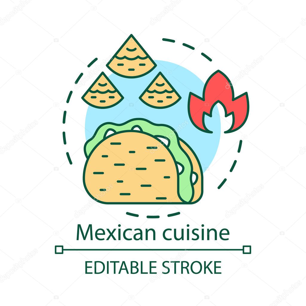 Mexican cuisine concept icon. Chili fast food. Hispanic streetfood. Mexico tortilla dishes. Spicy taco and nachos idea thin line illustration. Vector isolated outline drawing. Editable stroke