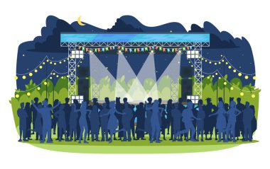 Yaz müzik festivali poster vektör şablonu. Düz illüstrasyonlar ile fest broşür, kapak, kitapçık sayfa konsept tasarımı İnsanlar. Açık hava canlı konseri. Reklam el ilanı, broşür, afiş düzeni fikri