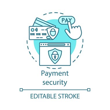 Ödeme güvenliği kavramı simgesi. E-ödeme fikri ince çizgi illüstrasyon. Güvenli para hareketi. İnternet bankacılığı. Finans sigortası. Dijital yatırım. Vektör yalıtılmış anahat çizimi. Kullanılabilir kontur