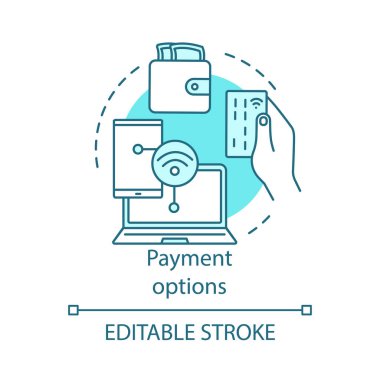 Ödeme seçenekleri kavramı simgesi. Online alışveriş fikri ince çizgi illüstrasyon. Dijital satın alma. İnternet pazarlama. Web cüzdanı. Online para işlemi. Vektör yalıtılmış anahat çizimi. Kullanılabilir kontur