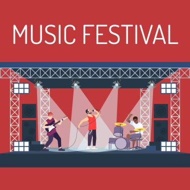Müzik festivali poster vektör şablonu. Rock konseri. Broşür, kapak, kitapçık sayfa konsept tasarımı ve düz çizimler. Yaz açık rockfest. Reklam el ilanı, broşür, afiş düzeni fikri