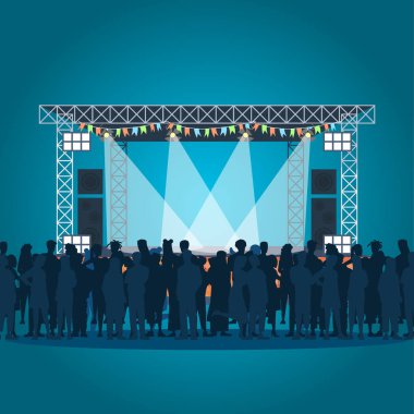 Yaz müzik festivali poster vektör şablonu. Açık hava konseri. Broşür, kapak, kitapçık sayfa konsept tasarımı ve düz çizimler. Seyirci, sahne. Reklam el ilanı, broşür, afiş düzeni fikri