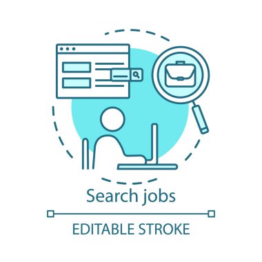 İş kavramı simgesini arayın. Fikir ince çizgi illüstrasyon bulma çalışma. İnsan Kaynakları yönetimi. Kafa avı, işe alım. İşe alım, istihdam. İş başvurusu. Vektör yalıtılmış anahat çizimi. Kullanılabilir kontur