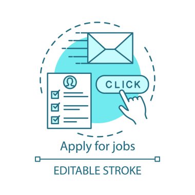 İşler kavramı simgesi için uygulayın. İş arama fikri ince çizgi illüstrasyon. İnsan Kaynakları yönetimi. Kafa avı, işe alım. İşe alım, istihdam. İş başvurusu. Vektör yalıtılmış anahat çizimi. Kullanılabilir kontur