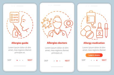 Alerji tıbbi yardım mobil uygulama sayfası ekran vektör şablonu onboarding. Alerji rehberi, doktorlar, ilaçlar. Çizimler ile Walkthrough web sitesi adımları. Ux, Ui, Gui akıllı telefon arayüz konsepti