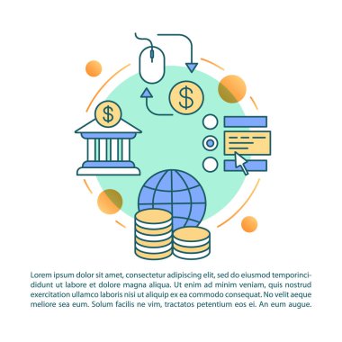 Faturalama hizmeti makale sayfa vektör şablonu. Online bankacılık sistemi. Doğrusal simgeler ve metin kutuları ile broşür, dergi, kitapçık tasarım elemanı. Baskı tasarımı. Metin alanı ile kavram çizimleri 