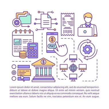 Faturalama hizmeti makale sayfa vektör şablonu. Nakit siz işlem. Doğrusal simgeler ve metin kutuları ile broşür, dergi, kitapçık tasarım elemanı. Baskı tasarımı. Metin alanı ile kavram çizimleri 