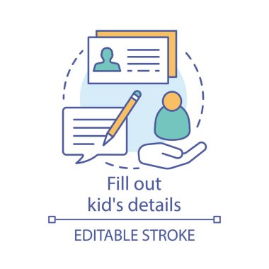 Çocuk ayrıntıları kavram simgesini doldurun. Kamp, ilgi kulüp uygulama fikir ince çizgi illüstrasyon. Tatil beldesi, yaz kamp gezisi için kaydolun. Vektör yalıtılmış anahat çizimi. Kullanılabilir kontur