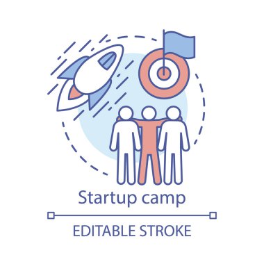Başlangıç kampı konsept simgesi. Yatırımcılar, hissedarlar fikir ince çizgi illüstrasyon yardımcı olur. Şirket, iş çalışanı bootcamp. Yeni şirket yardımı. Vektör yalıtılmış anahat çizimi. Kullanılabilir kontur