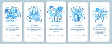 Doğrusal kavramlarla mobil uygulama sayfası ekranında yer alan çocuklar kampları. Çocuklar ve aile tatili walkthrough adımları grafik talimatları. Ux, Ui, Gui vektör şablonu çizimleri ile