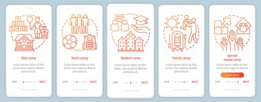Çocuklar kamplar mobil uygulama sayfası ekran vektör şablonu onboarding. Çocuklar ve aile tatili. Doğrusal çizimler ile Walkthrough web sitesi adımları. Ux, Ui, Gui akıllı telefon arayüz konsepti