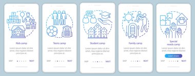 Çocuklar kamplar mobil uygulama sayfası ekran vektör şablonu onboarding. Çocuklar ve aile tatili. Doğrusal çizimler ile Walkthrough web sitesi adımları. Ux, Ui, Gui akıllı telefon arayüz konsepti