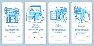 Doğrusal kavramlar ile mobil uygulama sayfası ekranında kamp rezervasyonu. Çocuk tatil tatili rezervasyon ları adımları grafik talimatları. Ux, Ui, Gui vektör şablonu çizimleri ile