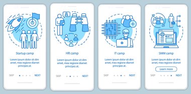 Başlangıç, doğrusal kavramlar ile mobil uygulama sayfası ekranında şirket kampları. Takım oluşturma, İk eğitim walkthrough adımları grafik talimatları. Ux, Ui, Gui vektör şablonu çizimleri ile