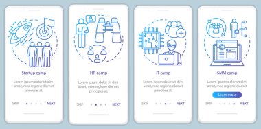 Başlangıç, şirket kampları mobil uygulama sayfası ekran vektör şablonu onboarding. Takım oluşturma, İnsan Kaynakları eğitimi. Doğrusal çizimler ile Walkthrough web sitesi adımları. Ux, Ui, Gui akıllı telefon arayüz konsepti