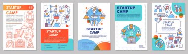 Başlangıç kampı, profesyonel yardım broşürü şablon düzeni. El ilanı, kitapçık, doğrusal illüstrasyonlar ile broşür baskı tasarımı. Dergiler için vektör sayfa düzenleri, yıllık raporlar, reklam afişleri