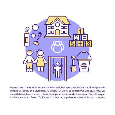 Çocuk kampı, okuldan sonra etkinlik makale sayfası vektör şablonu. Doğrusal simgeler ve metin kutuları ile broşür, dergi, kitapçık tasarım elemanı. Baskı tasarımı. Metin alanı ile kavram çizimleri 