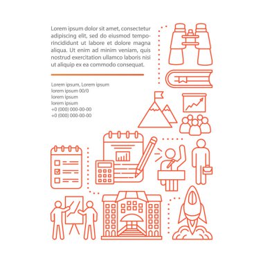 Başlangıç, taze iş geliştirme kampı makale sayfası vektör şablonu. Doğrusal simgeler ve metin kutuları ile broşür, dergi, kitapçık tasarım elemanı. Baskı tasarımı. Metin alanı ile kavram çizimleri 