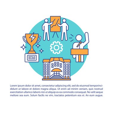 İş geliştirme ders kampı makale sayfa vektör şablonu. Doğrusal simgeler ve metin kutuları ile broşür, dergi, kitapçık tasarım elemanı. Baskı tasarımı. Metin alanı ile kavram çizimleri 