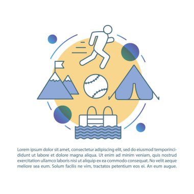 Bootcamp, fiziksel aktivite kampı makale sayfa vektör şablonu. Doğrusal simgeler ve metin kutuları ile broşür, dergi, kitapçık tasarım elemanı. Baskı tasarımı. Metin alanı ile kavram çizimleri 