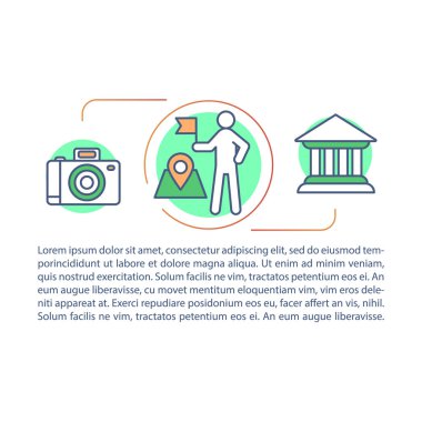 Gezi turu, tatil, tatil gezileri makale sayfa vektör şablonu. Doğrusal simgeler ve metin kutuları ile broşür, dergi, kitapçık tasarım elemanı. Baskı tasarımı. Metinli kavram çizimleri