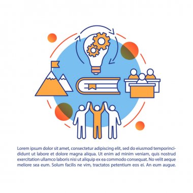 Taze iş geliştirme kampı makale sayfa vektör şablonu. Doğrusal simgeler ve metin kutuları ile broşür, dergi, kitapçık tasarım elemanı. Baskı tasarımı. Metin alanı ile kavram çizimleri