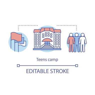 Gençler, çocuk kampı konsept ikonu. Yaz genç kulüp, toplum fikri ince çizgi illüstrasyon. Genç tatil beldesi. okuldan sonra tesis. Vektör yalıtılmış anahat çizimi. Kullanılabilir kontur