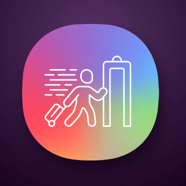 Giriş uygulaması simgesini açıklayın. Havaalanında x-ray kontrolünden geçen yolcu. Güvenlik kontrolü. Vücut titremisi. Ekspres yol tesisi. Ui/Ux kullanıcı arabirimi. Web, mobil uygulama. Vektör izole illüstrasyon