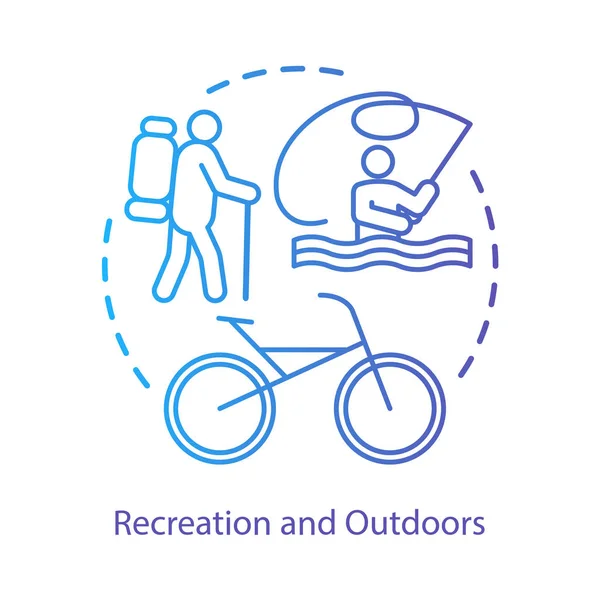 Recreation, outdoor activities concept icon. Active rest, hiking, riding bicycle idea thin line illustration. Lake tourism, river vacation, fishing. Vector isolated outline drawing. Editable stroke