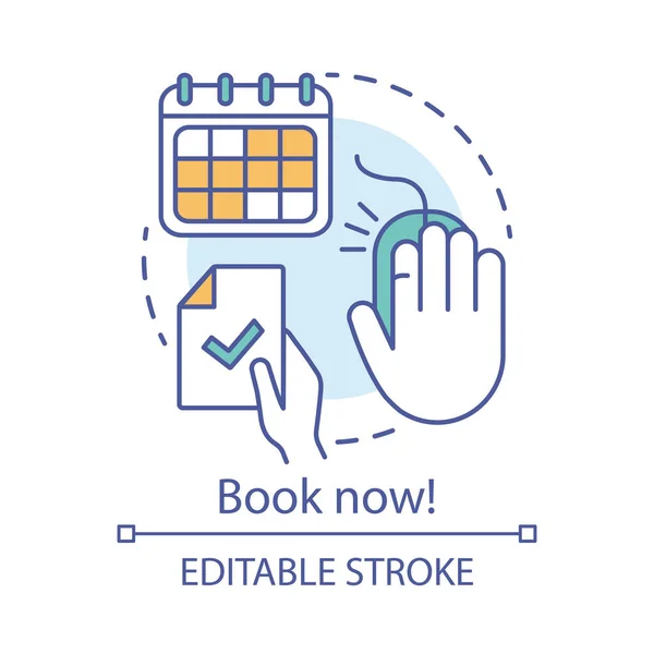 Ikon för Boka nu-konceptet. Semesterort, intresse klubb online bokning webbplats idé tunn linje illustration. Sommarläger ansökan, signup webbsida. Vektor isolerad dispositions ritning. Redigerbar stroke — Stock vektor