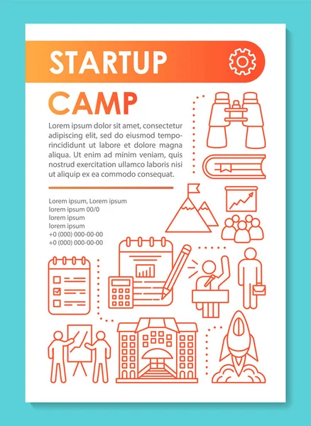 Campamento de inicio, diseño de plantilla de folleto de asistencia profesional. Folleto, folleto, diseño de impresión de folletos con ilustraciones lineales. Diseños de páginas vectoriales para revistas, informes anuales, carteles publicitarios — Vector de stock