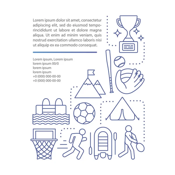 Kinder Sport Camp Artikelseite Vektorvorlage. Broschüre, Magazin, Booklet-Design-Element mit linearen Symbolen und Textboxen. Druckdesign. Konzeptillustrationen mit Textfläche — Stockvektor