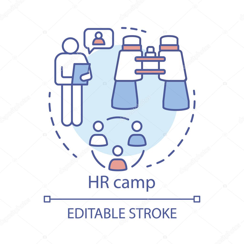 Human resources camp concept icon. Summer corporate club, community idea thin line illustration. Company, business employee bootcamp. Vector isolated outline drawing. Editable stroke