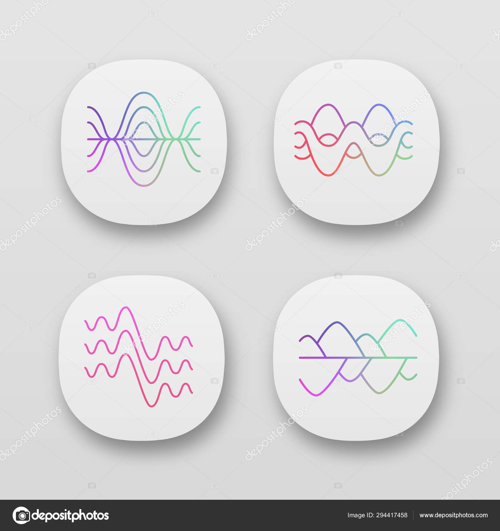 Sound waves app icons set. UI/UX user interface. Vibration, noise