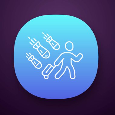 Mülteci uygulaması simgesi. İnsani yardım ve tahliye. Yurt dışına seyahat ediyor. Göçmenden kaçıyor. Savaş kurbanı. Yasadışı göçmen. Ui/Ux kullanıcı arabirimi. Web veya mobil uygulama. Vektör izole illüstrasyon