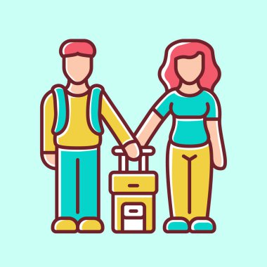 Aile sınıfı göçmenler mavi renk simgesi. Çift bavulla yurtdışına seyahat. Aile gezisi, tatil, turizm. Balayı gezisi. Turistler, gezginler, yolcular. Yalıtılmış vektör illüstrasyonu