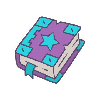 Yazım kitabı mor renk simgesi. Kara büyü eski büyü kitabı. Büyücülük ve büyücülük eski bir öğe. Sihirli iksir tarifleri. Antik adada. Peri masalı fantezi ve gizem kitabı. Yalıtılmış vektör illüstrasyonu